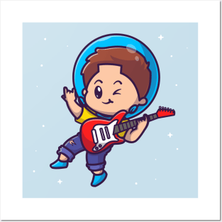 Cute Astronaut Boy Playing Guitar Cartoon Posters and Art